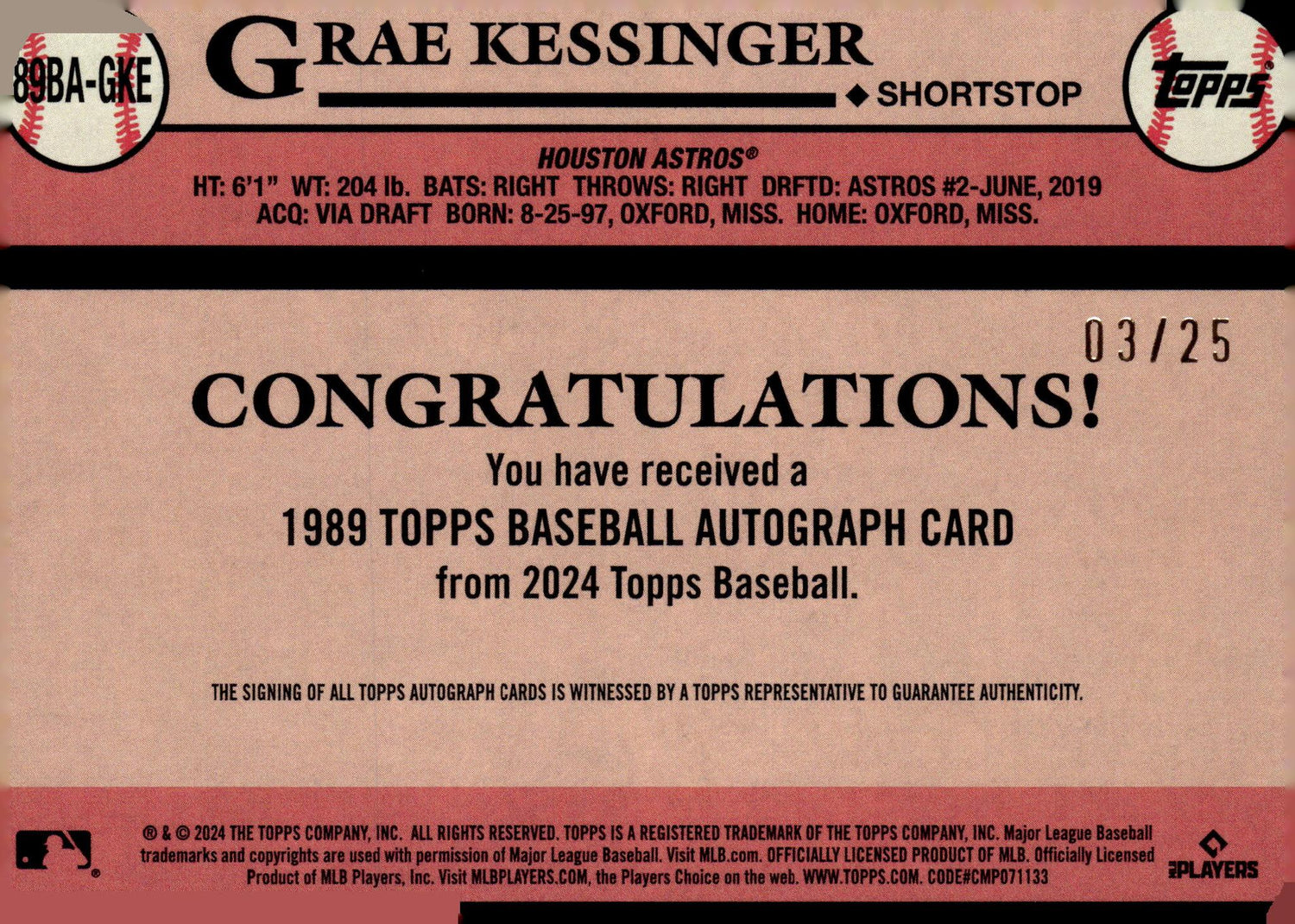 2024 Topps #89BA-GKE Grae Kessinger 1989 Topps Baseball Red Rookie /25 Auto