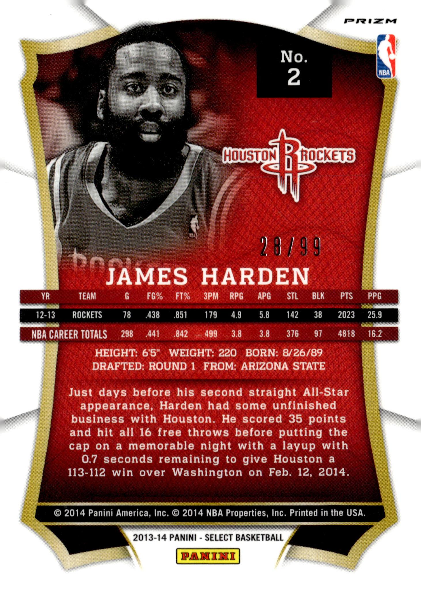 2013 Panini Prizm #2James Harden Select /99 Houston Rockets