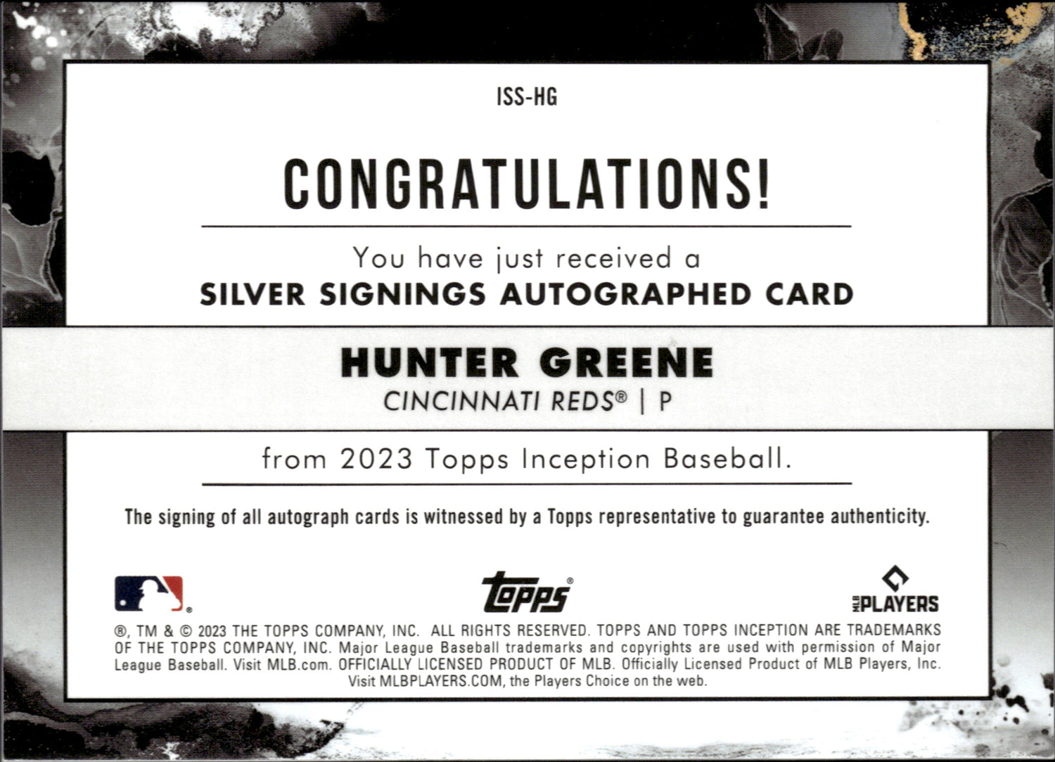 2023 Topps Inception #ISS-HG Hunter Greene Silver Signings /25 Auto 