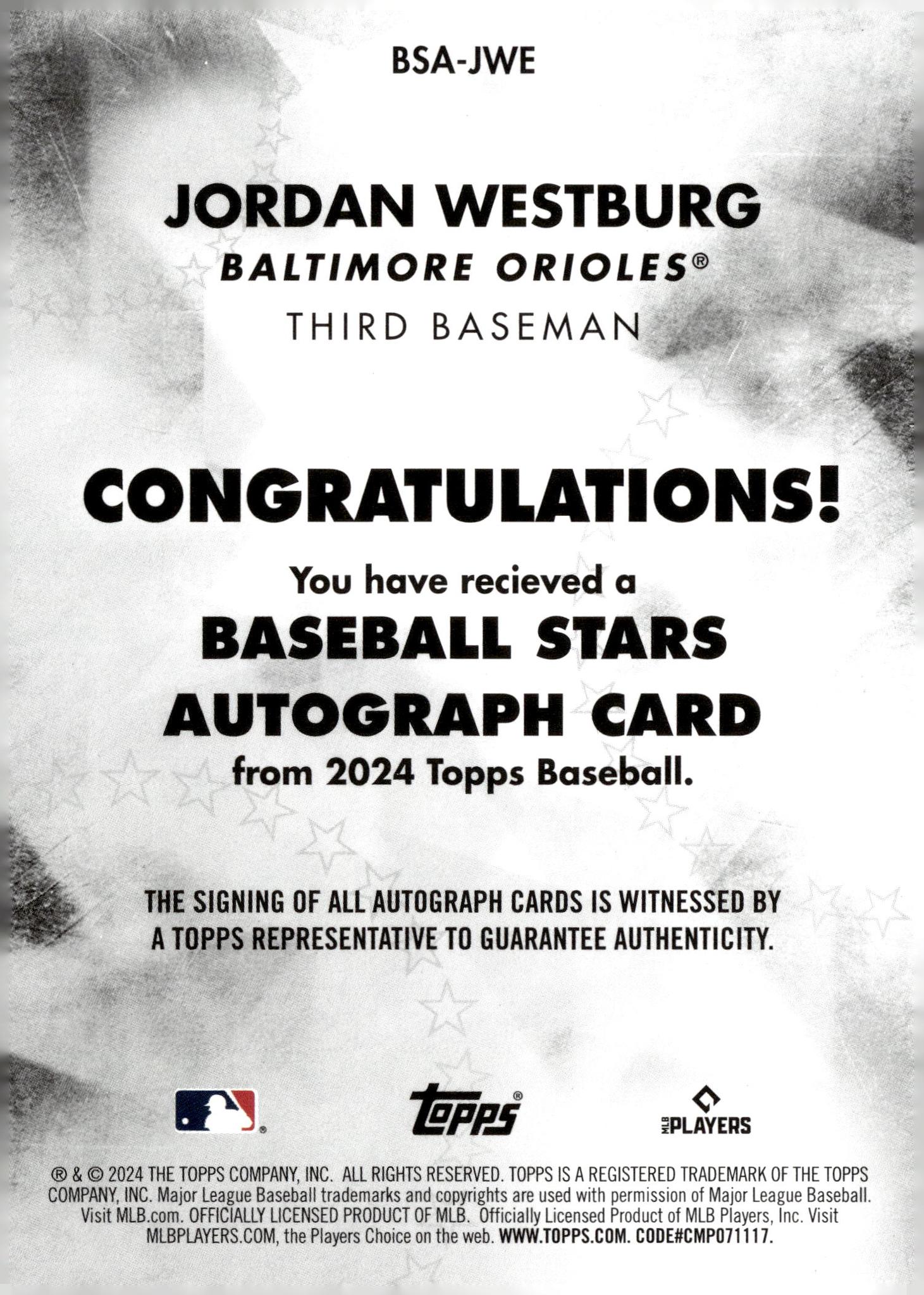 2024 Topps #BSA-JWE Jordan Westburg Baseball Stars Autograph Rookie 