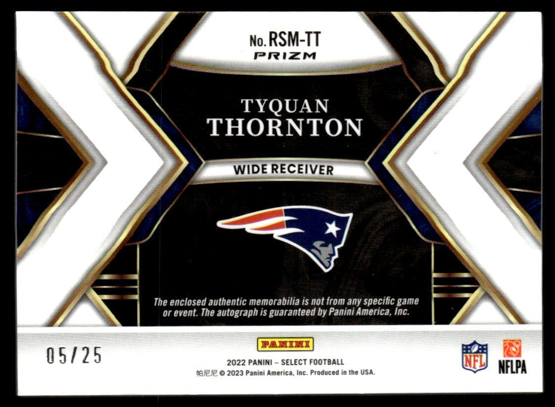 2022 Panini Select RSM-TT Tyquan Thornton Prizm Rookie /25 Patch Auto  New England Patriots