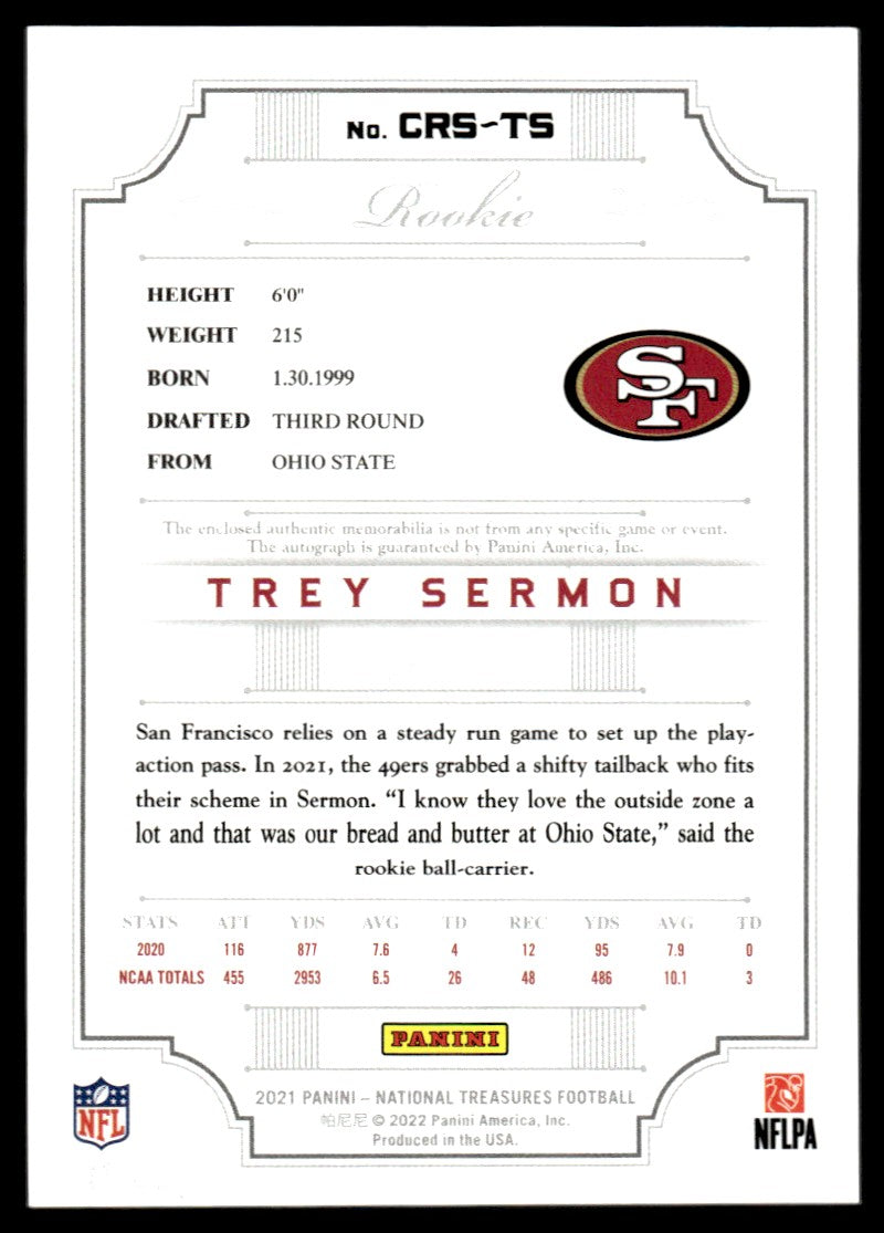 2021 Panini National Treasures Trey Sermon Rookie Patch Auto /99 RPA RC 49ers