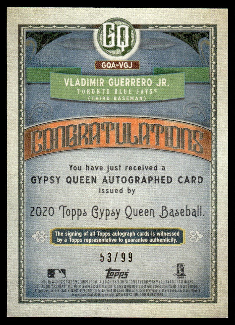 2020 Topps Gypsy Queen Vladimir Guerrero Jr. Auto /99 #GOA-VGJ Toronto Blue Jays