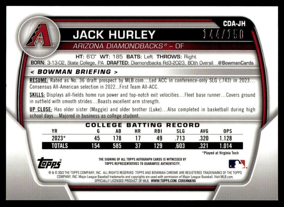 2023 Bowman Chrome CDA-JH Jack Hurley Blue Rookie /150 Auto Diamondbacks