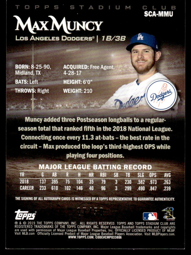 2019 Topps Stadium Club Max Muncy Auto /50 Red #SCA-MMU Dodgers