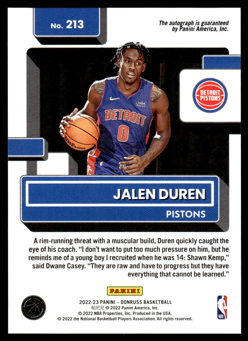 2022 Panini Donruss Choice Jalen Duren Rated Rookie Auto #213 RC Detroit Pistons