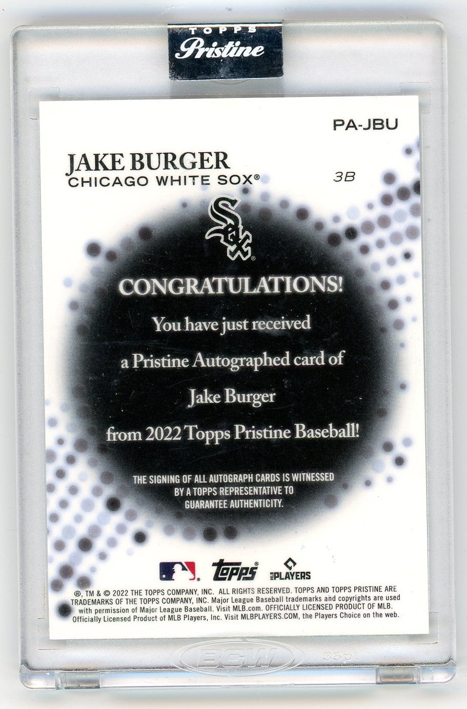 2022 Topps Pristine PA-JBU Jake Burger Pristine Autographed Rookie  White Sox