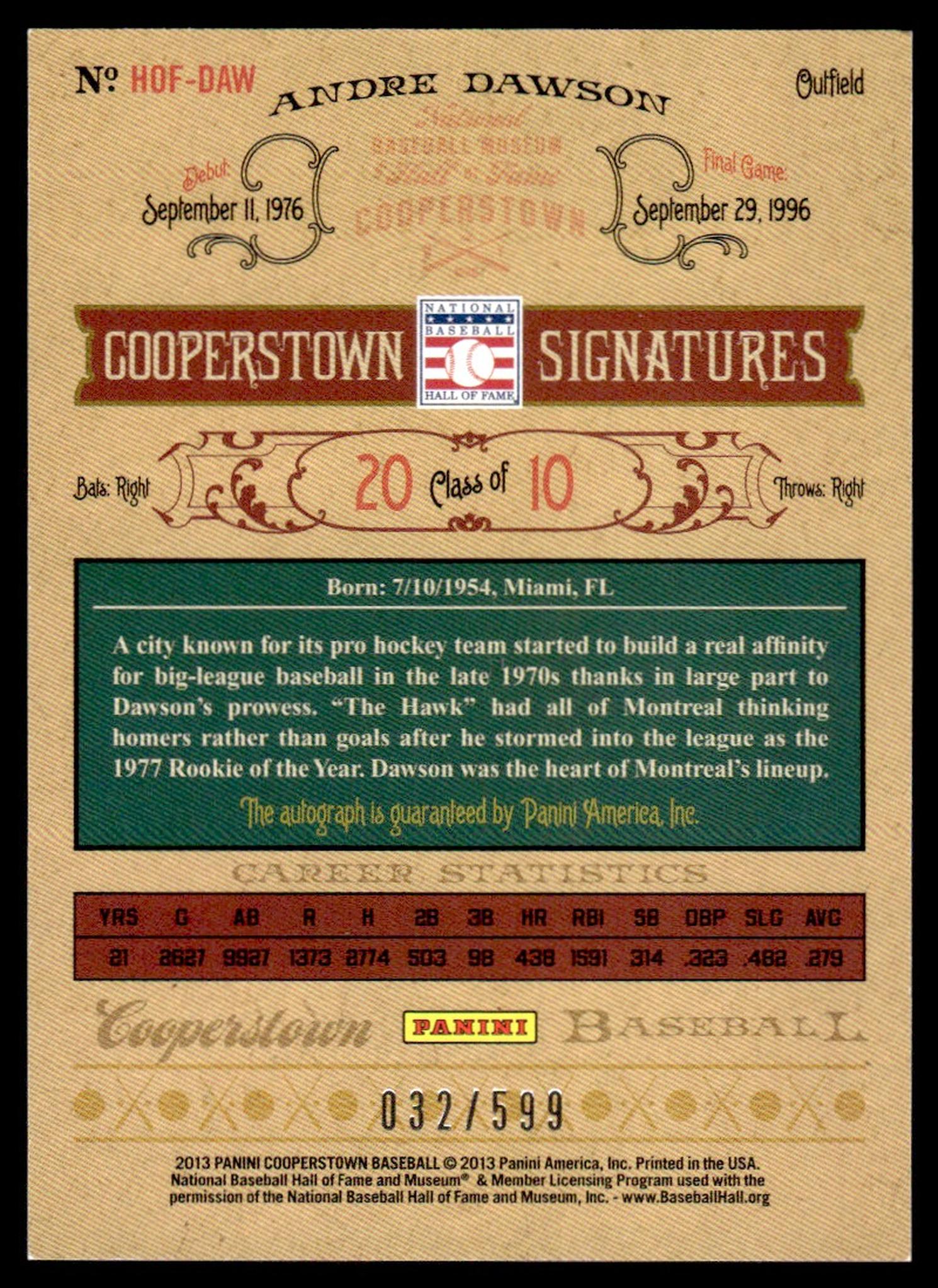 2013 Panini Cooperstown Andre Dawson Cooperstown Signatures /599 Auto