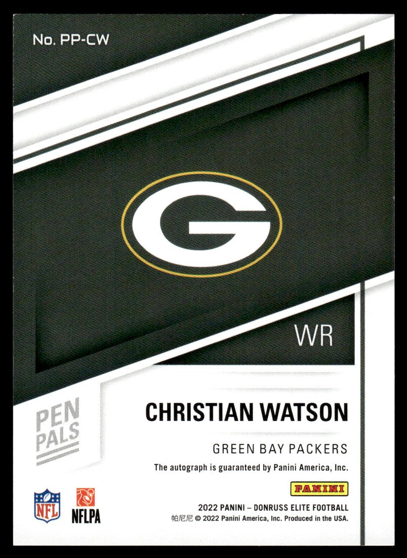 2022 Panini Donruss Elite Christian Watson Pen Pals Rookie Purple Ink RC Auto