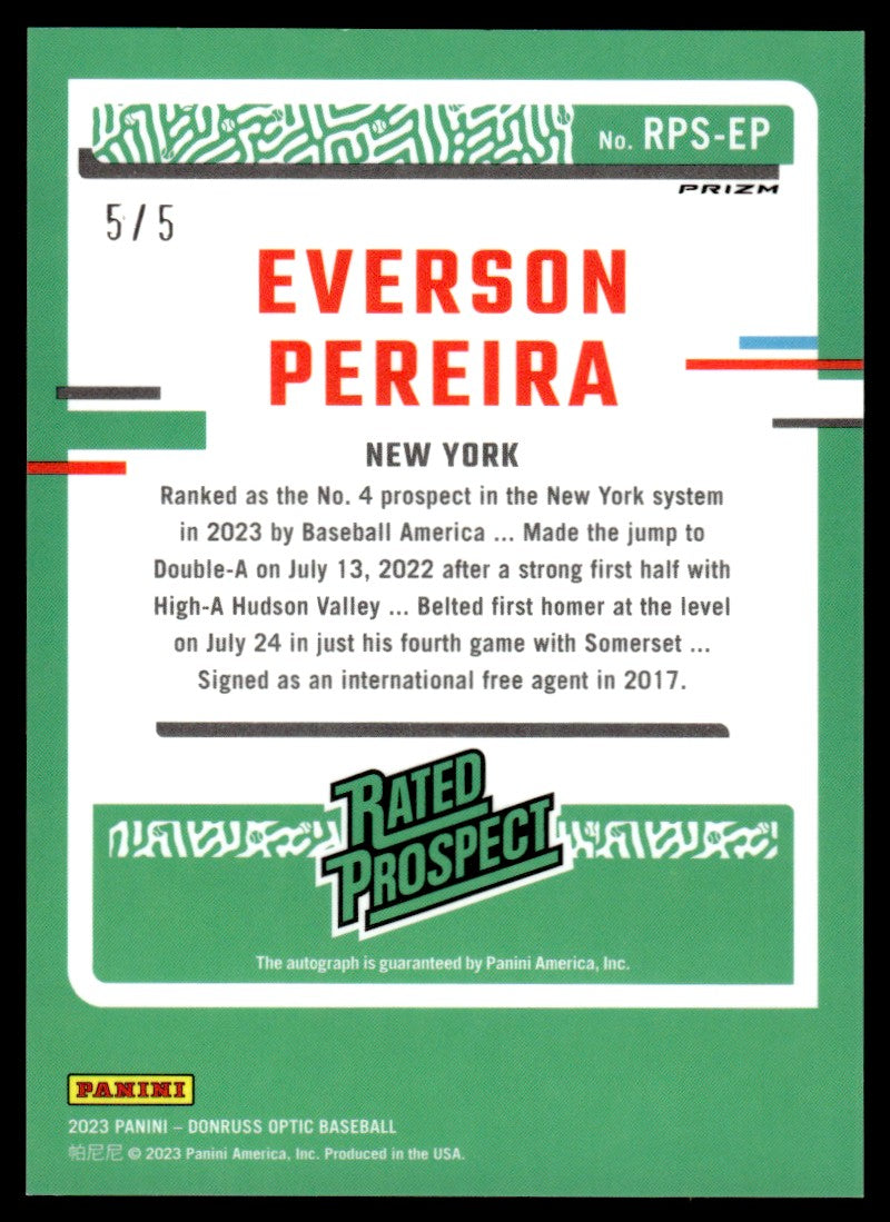 2023 Panini Donruss Optic Everson Pereira Rated Rookie Green Prospect 5/5 Auto