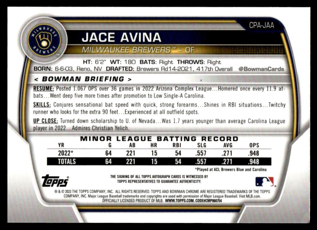 2023 Bowman Chrome Speckle Jace Avina #CPA-JAA Auto