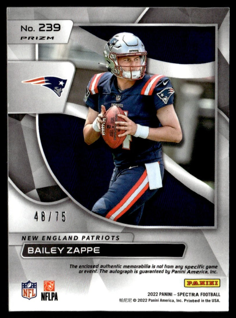 2022 Panini Spectra Bailey Zappe Prizm Rookie /75 Patch Auto RPA RC #239