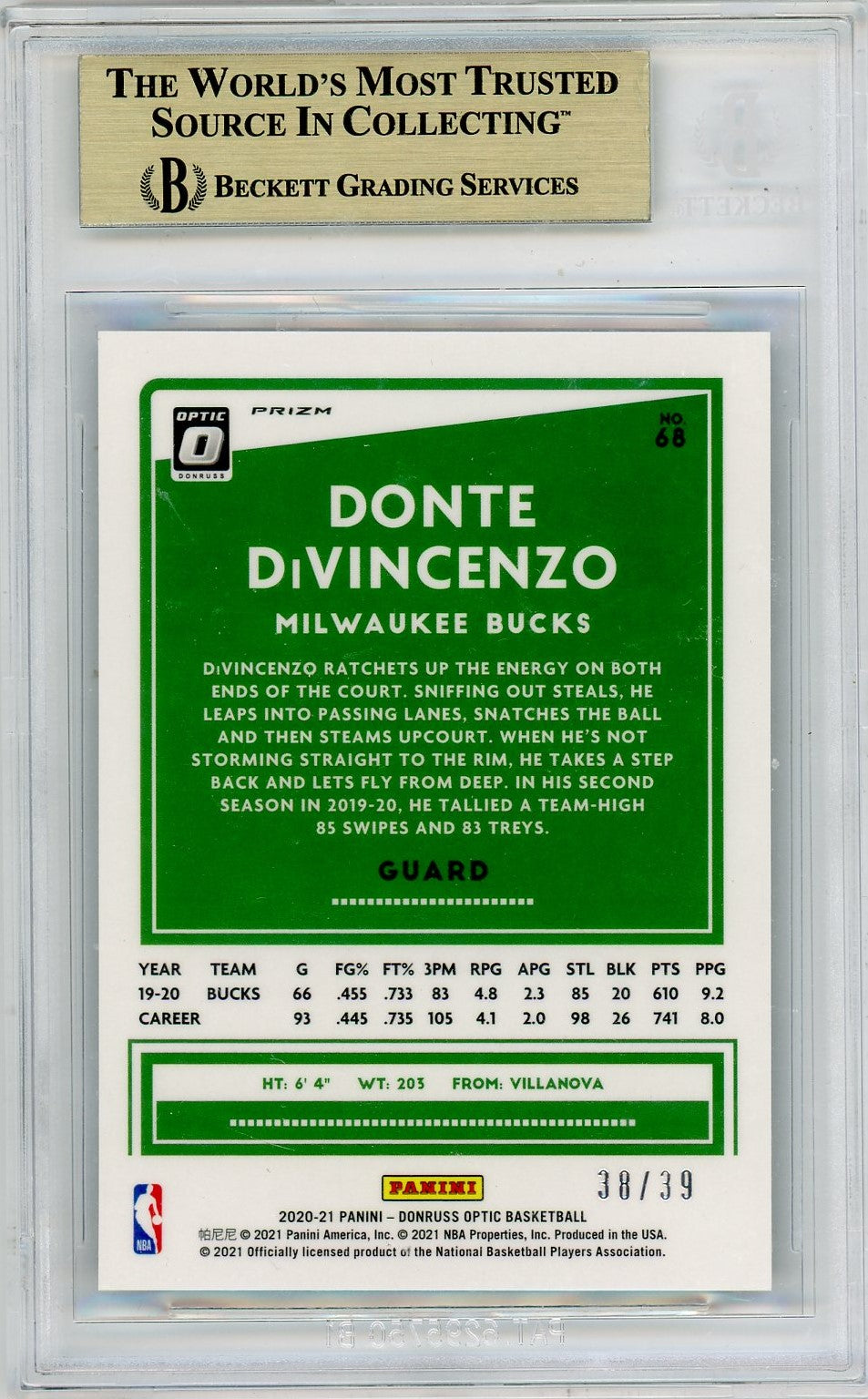 2020 Panini Donruss Optic #68 Donte DiVincenzo Black Velocity /39 BGS 9.5