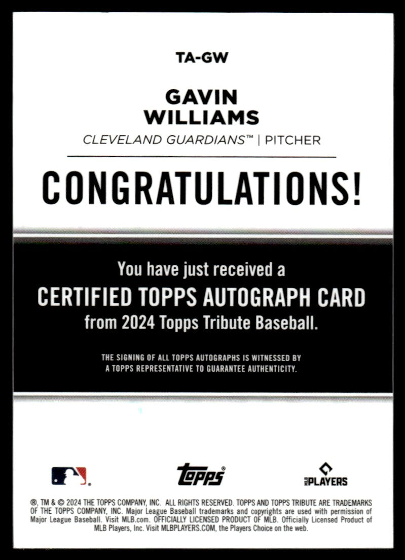 2024 Topps Tribute Gavin Williams Autograph Gold /75 RC