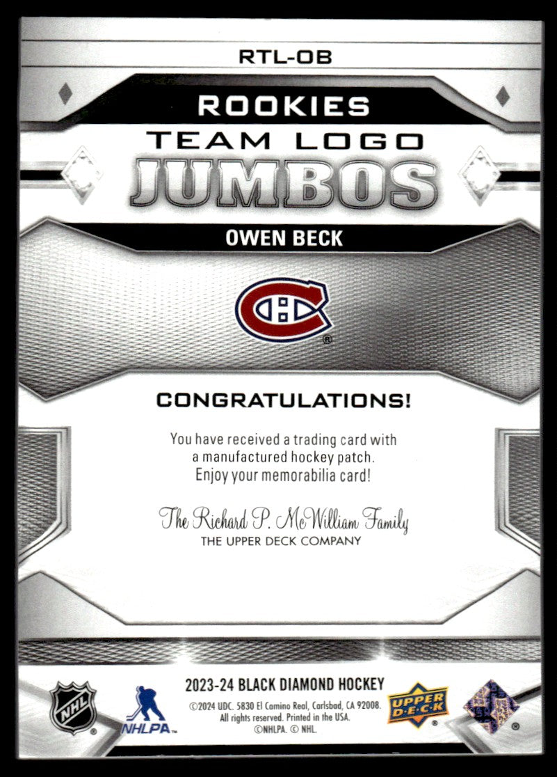2023-24 Upper Deck Black Diamond Team Logo Jumbos Owen Beck #RTL-OB Patch