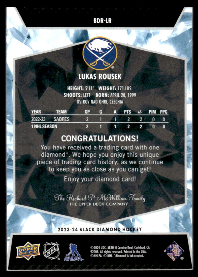 2023 Upper Deck Black Diamond BDR-LR Lukas Rousek Diamond Relic Rookies Single Rookie /99   Sabres