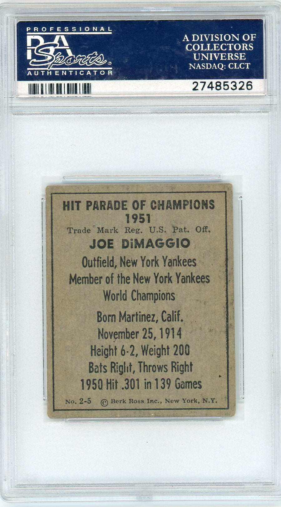 1951 Berk Ross #2-5 Joe DiMaggio PSA 4 New York Yankees