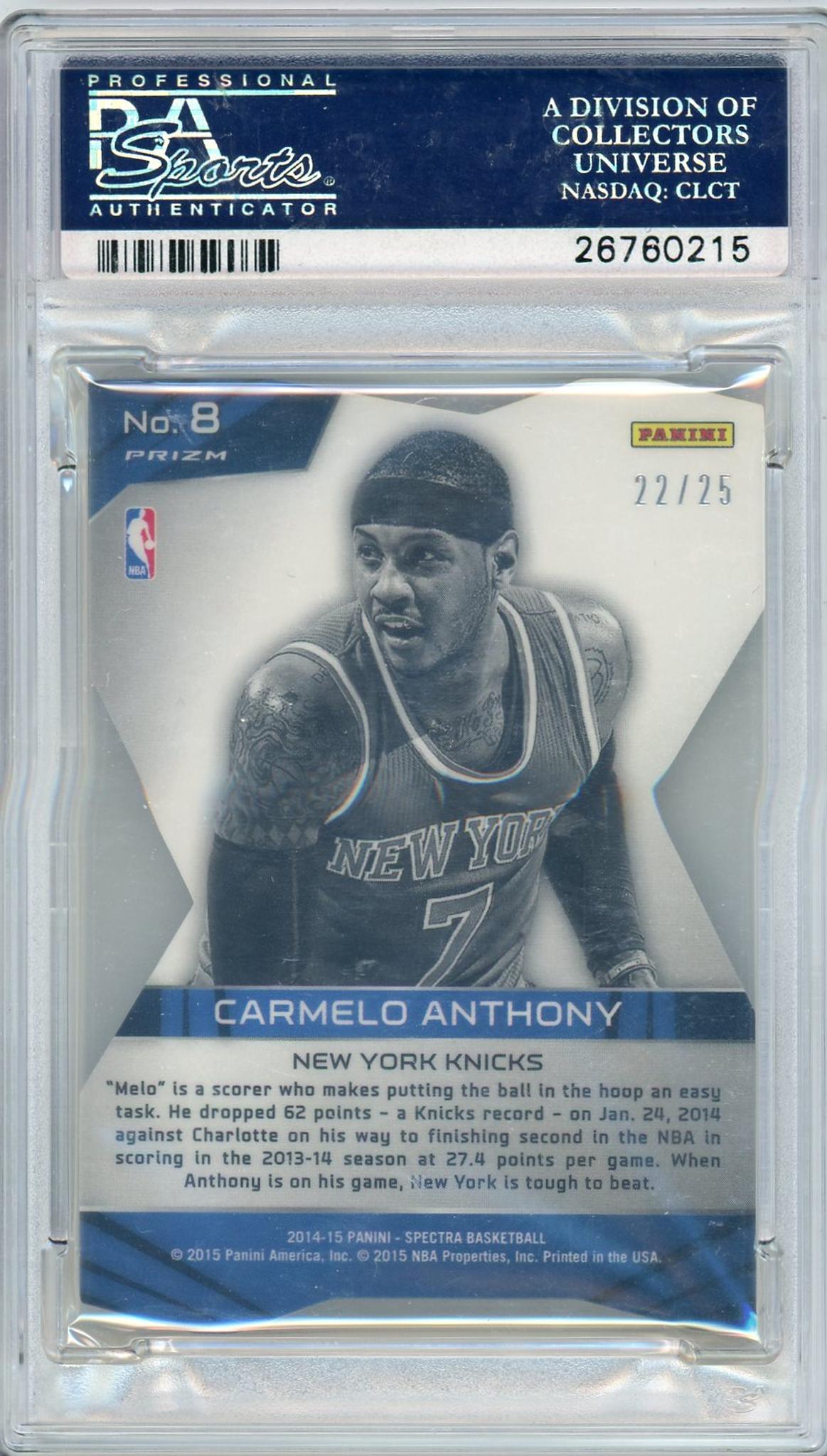 2014 Panini Spectra #8 Carmelo Anthony Prizms Red Die Cut /25 PSA 10