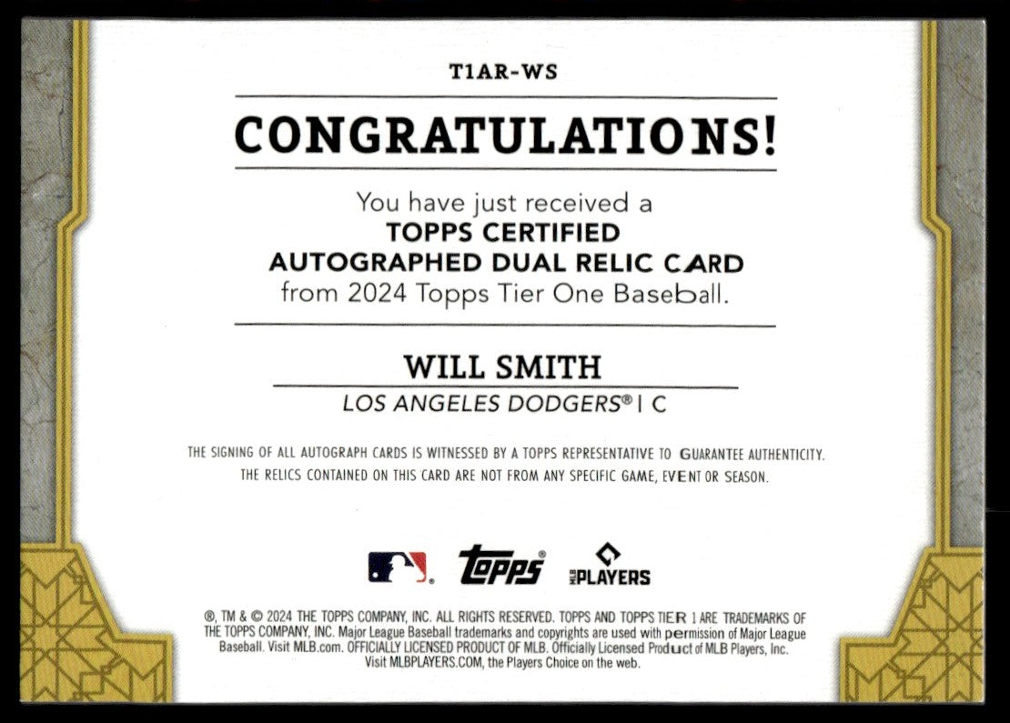 2024 Topps Tier One Will Smith 06/10 Patch Auto #TIAR-WS Los Angeles Dodgers