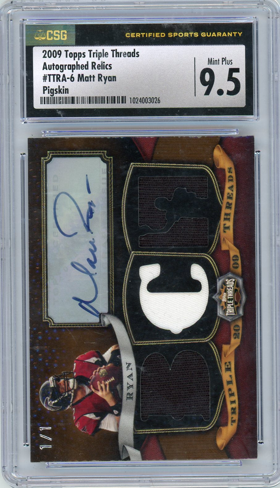 2009 Topps Triple Threads Matt Ryan Triple Threads 1/1 Patch Auto CSG 9.5