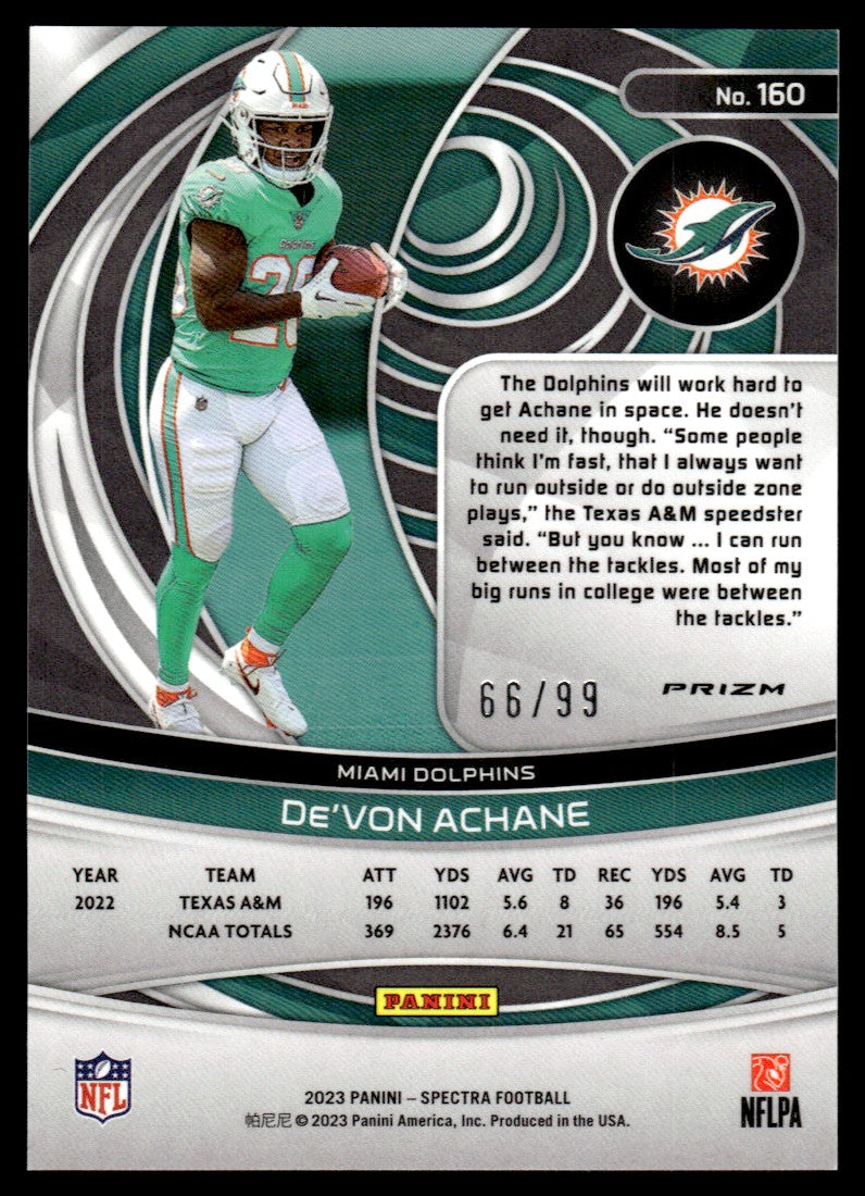 2023 Panini Spectra 160 De'Von Achane Prizm Rookie /99 Dolphins