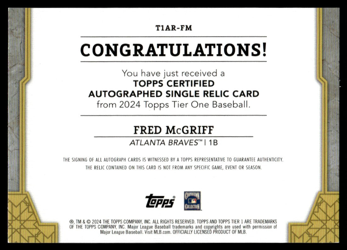 2024 Topps Tier One Fred McGriff Topps Certified Auto Patch /149 #T1AR-FM