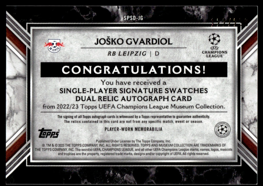 2022 Topps Museum Collection Joško Gvardiol Swatches Auto Dual Patch #SPSD-JG