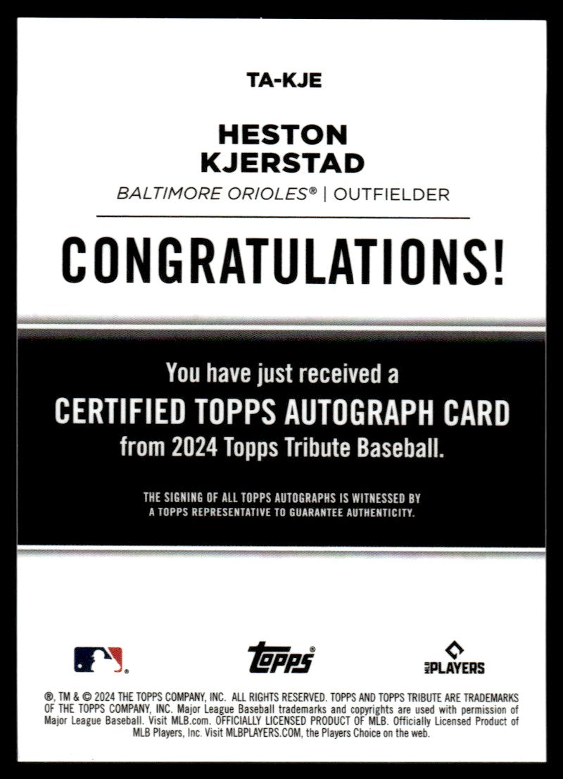 2024 Topps Tribute Heston Kjerstad  Rookie RC  /199 Auto#TA-KJE Orioles