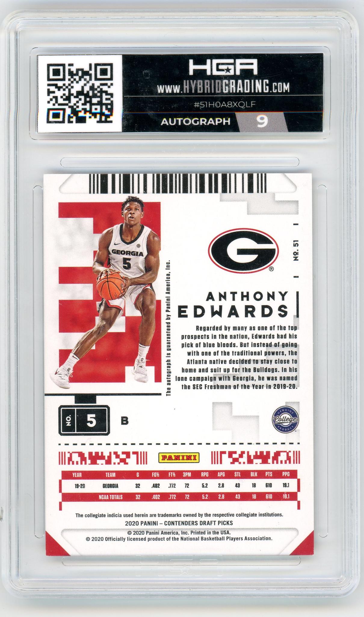 2020 Panini Contenders Draft Picks Anthony Edwards Ticket Ice /23 Auto HGA 9.0 