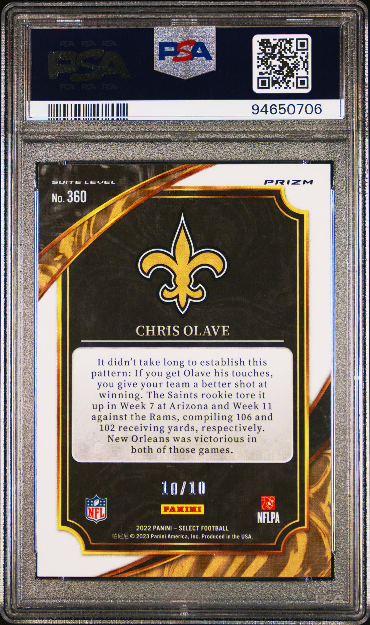 2022 Panini Select 360 Chris Olave Gold Prizm Gold Rookie 10/10 PSA 8 NM-MT New Orleans Saints