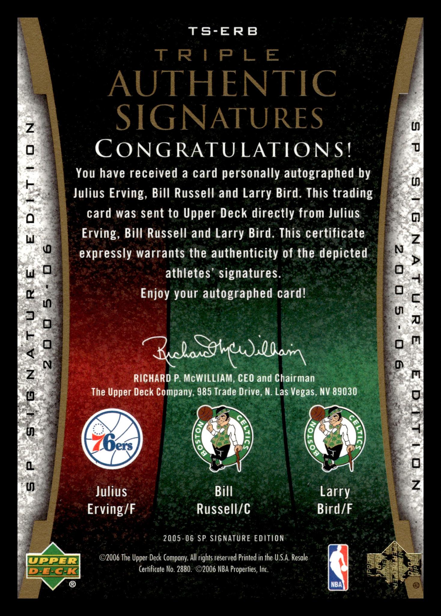 2005-06 Upper Deck SP Signature Edition SP Signature Edition Julius Erving, Bill Russell, Larry Bird TS-ERB