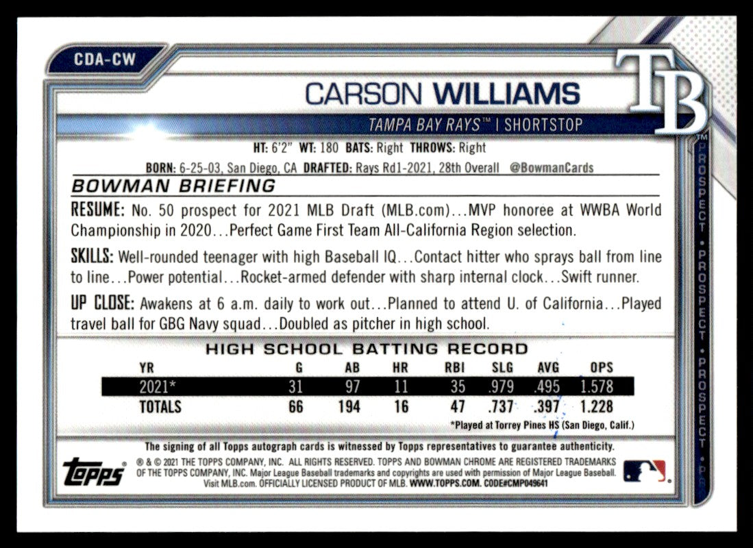 2021 Bowman Chrome #CDA-CW Carson Williams Bowman Auto