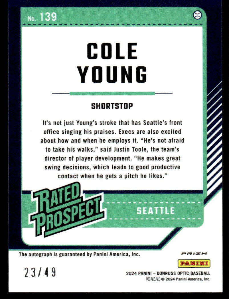 2024 Panini Donruss #139 Cole Young Rated Prospect RC /49 Auto