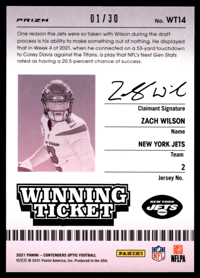 2021 Panini Contenders Optic Zach Wilson Winning Ticket Green Pulsar Rookie /30