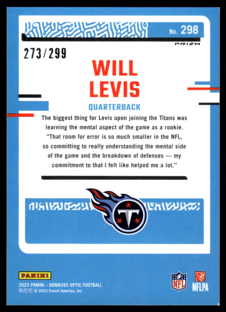 2023 Panini Donruss #298 Will Levis Rookie /299 RC Blue Titans