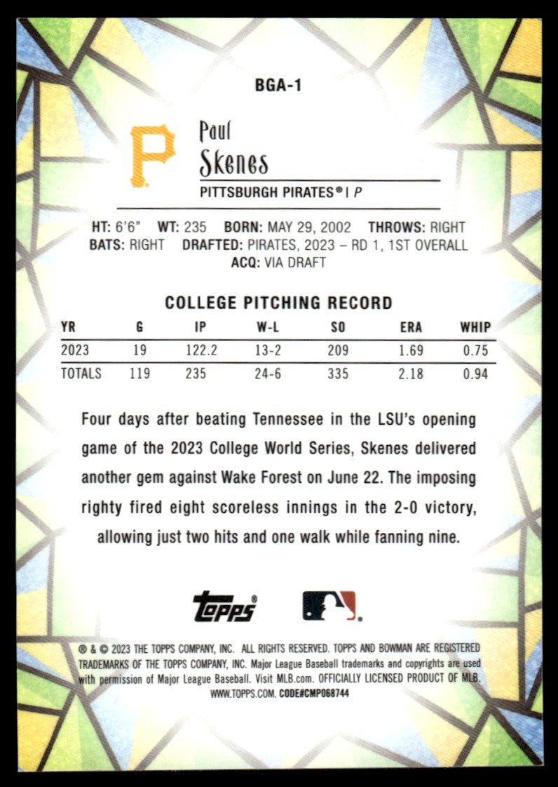 2023 Bowman #BGA-1 Paul Skenes Pittsburgh Pirates