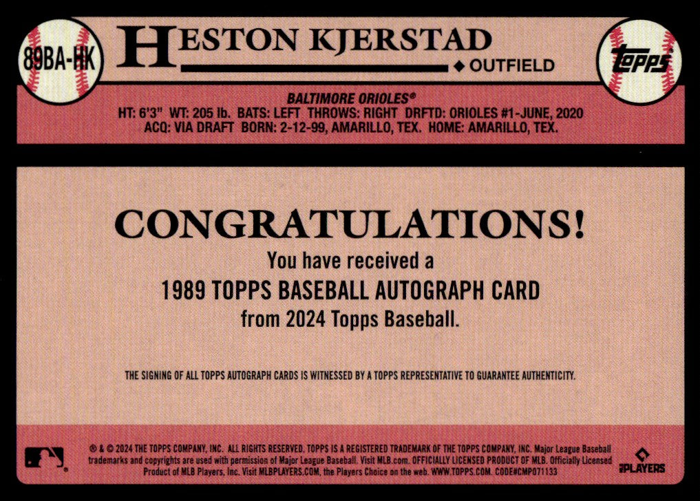 2024 Topps Heston Kjerstad 1989 Topps Baseball Auto Card Rookie  RC