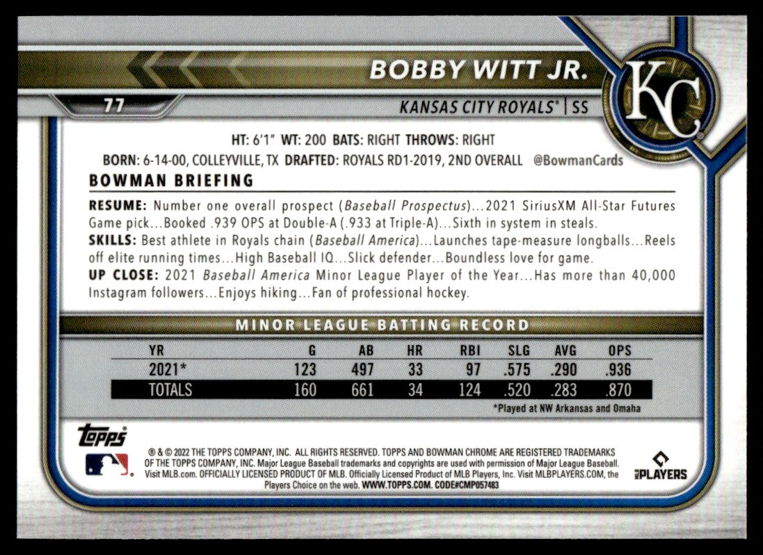 2022 Bowman Chrome Sapphire #77 Bobby Witt Jr. Rookie Kansas City Royals