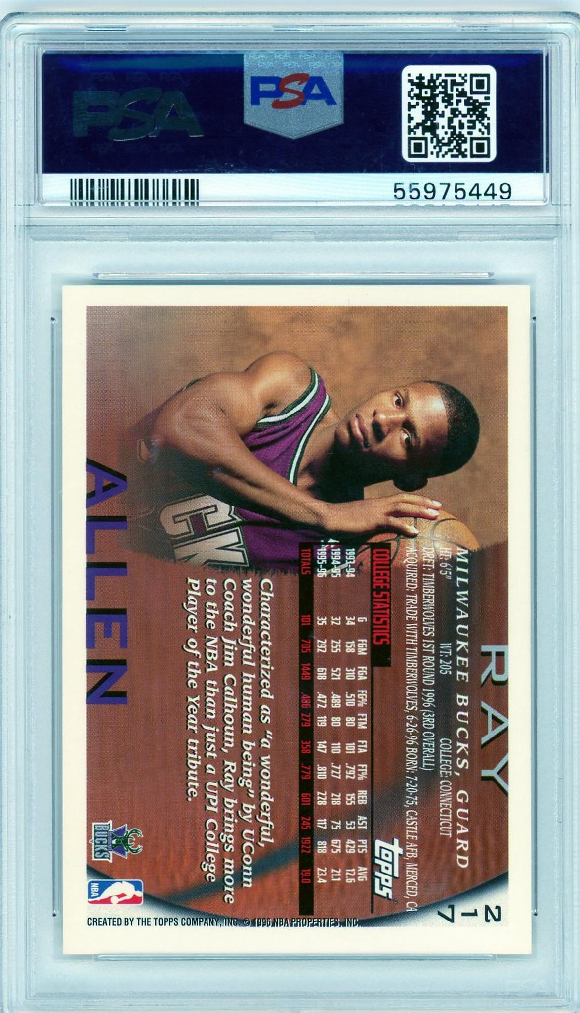 1996 Topps #217 Ray Allen Rookie PSA 10 Gem Mint Milwaukee Bucks