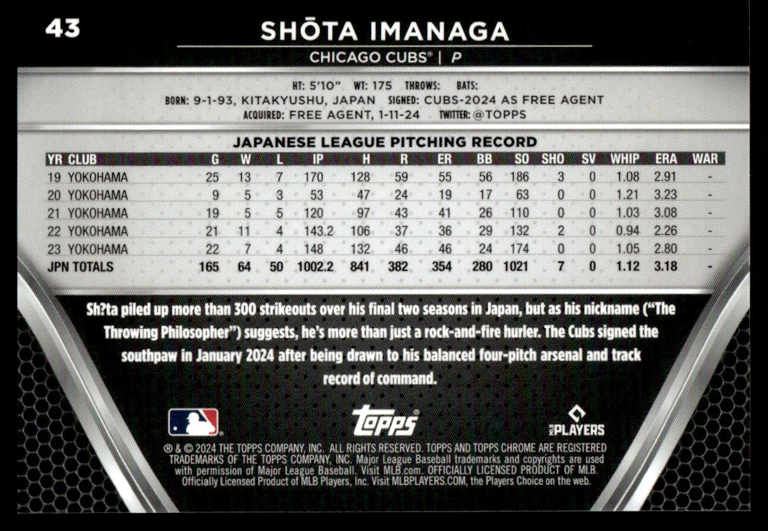 2024 Topps Chrome Black #43 Shōta Imanaga Rookie /99 Chicago Cubs