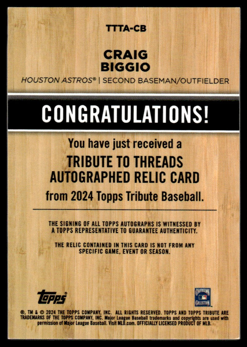 2024 Topps Tribute #TTTA-CB Craig Biggio Tribute to Threads /25 Jersey Auto