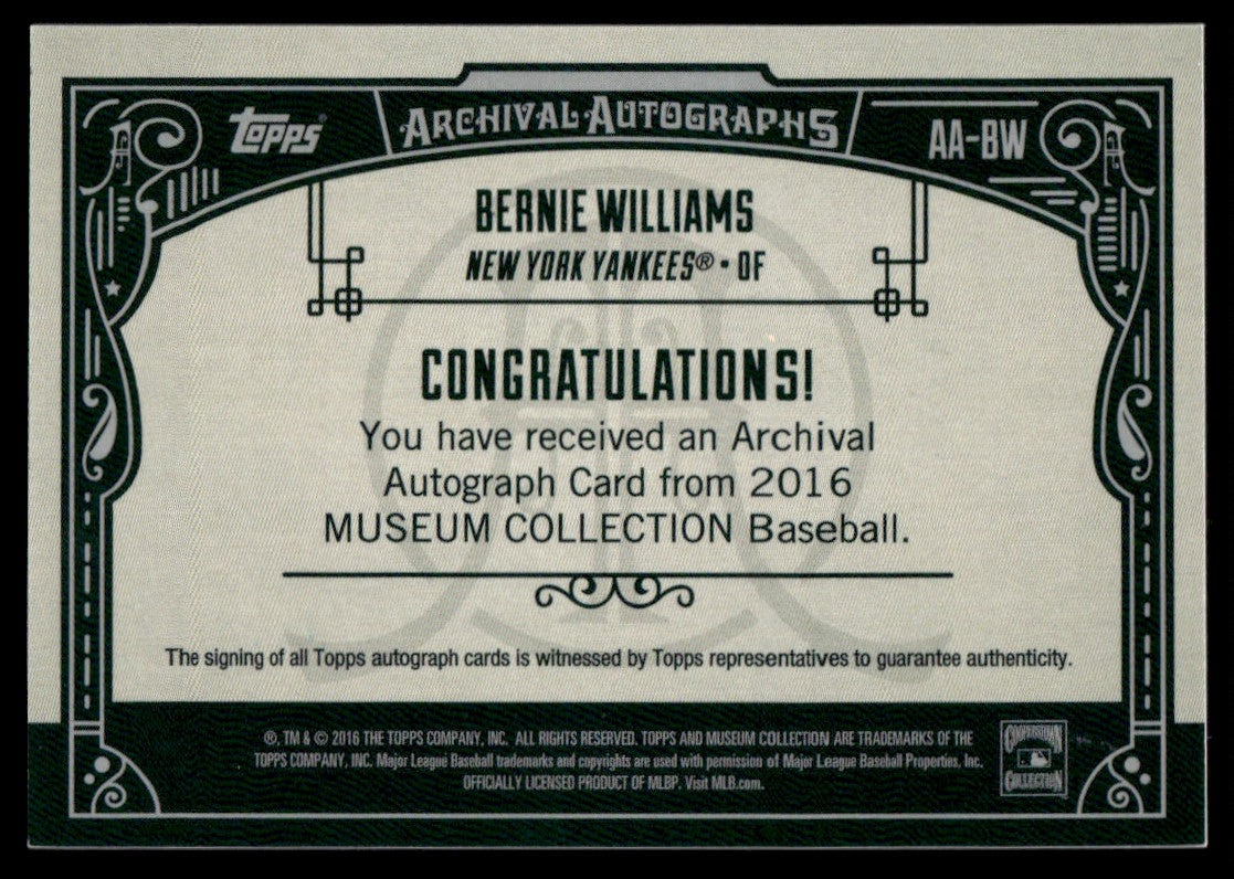 2016 Topps Museum Collection #AA-BW Bernie Williams Archival Autographs /75 