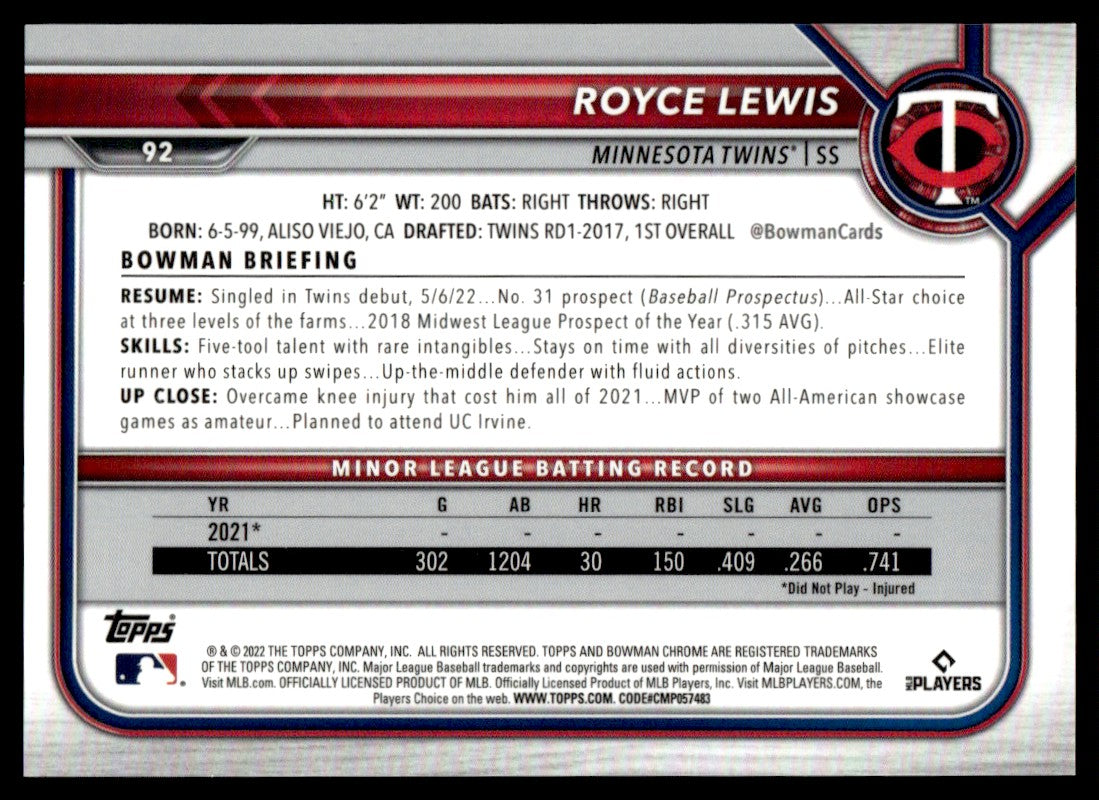 2022 Bowman Chrome Green Royce Lewis #92 RC /99