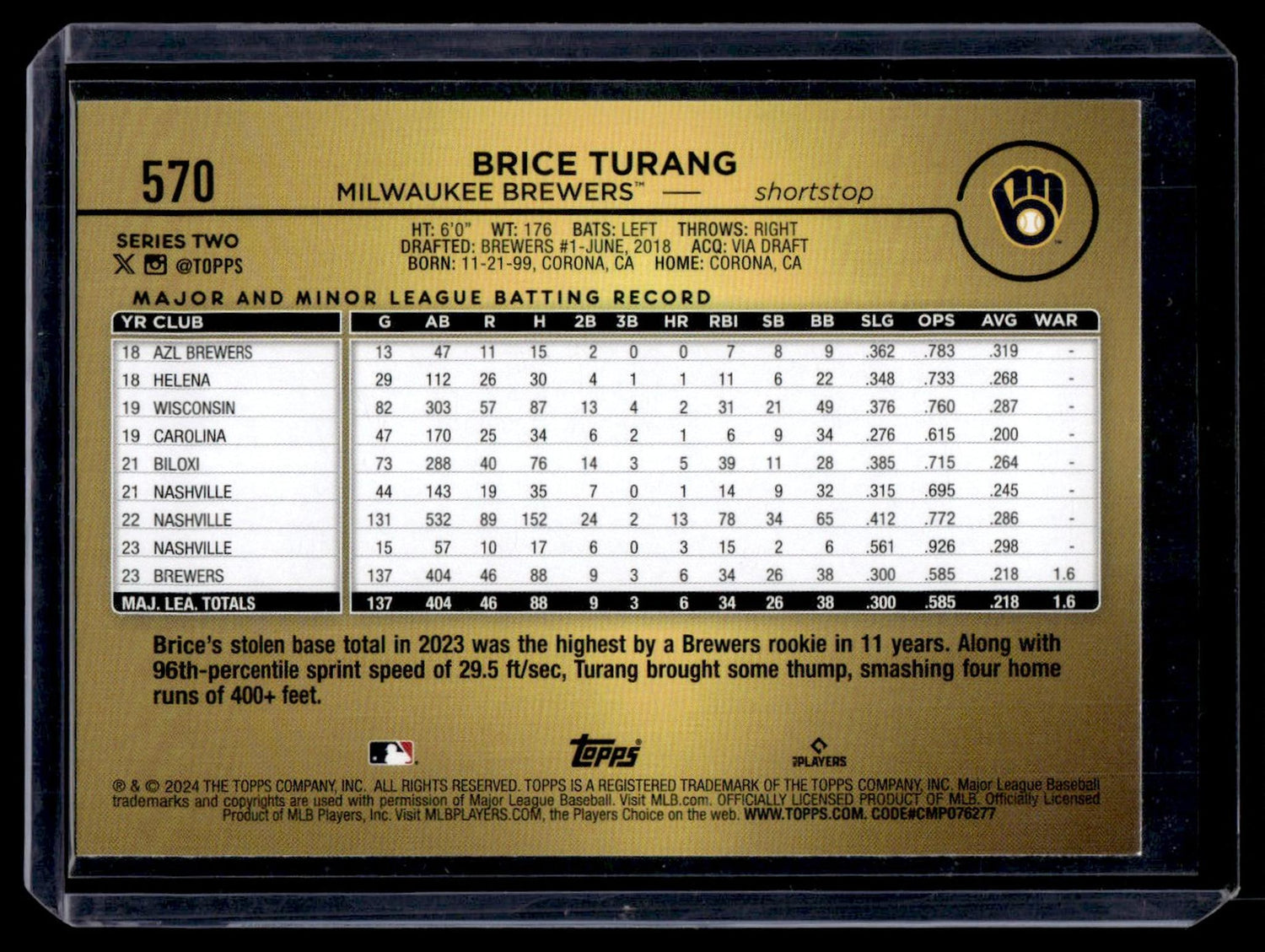 2024 Topps #570 Brice Turang Series Two Milwaukee Brewers