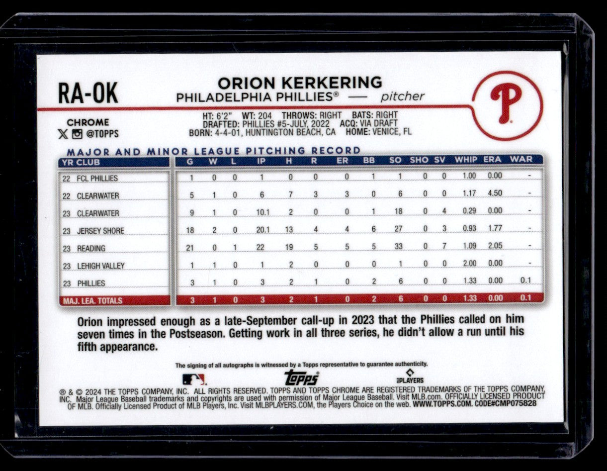 2024 Topps Chrome #RA-OK Orion Kerkering Rookie Auto Phillies