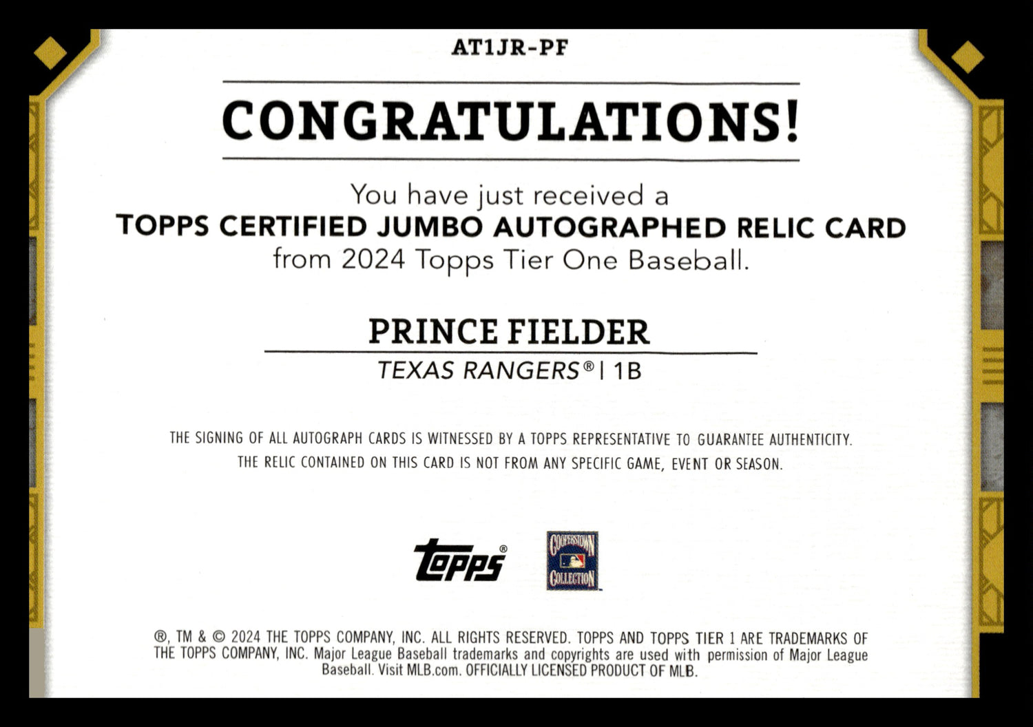 2024 Topps Tier One #AT1JR-PF Prince Fielder /49 jersey Auto Texas Rangers