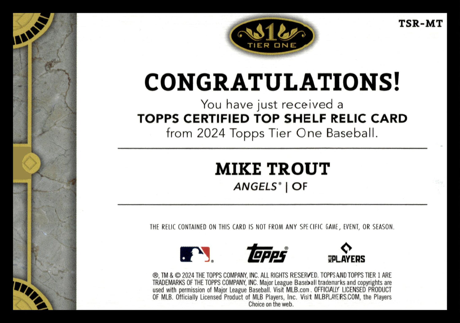 2024 Topps Tier One #TSR-MT Mike Trout Top Shelf /10 jersey Angels