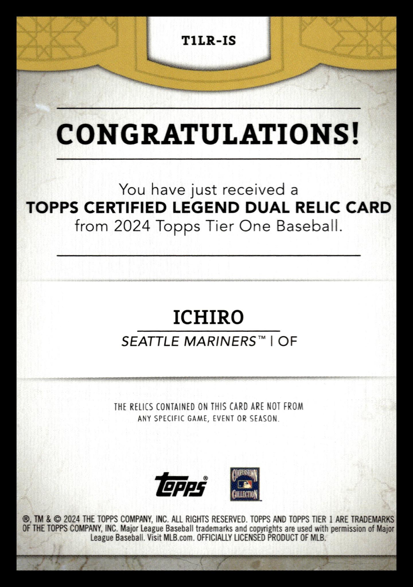 2024 Topps Tier One #T1LR-IS Ichiro Legends /25 Jersey Seattle Mariners