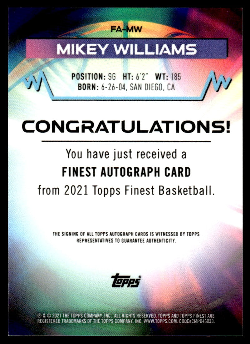 2021 Topps Finest FA-MW Mikey Williams Finest Autograph