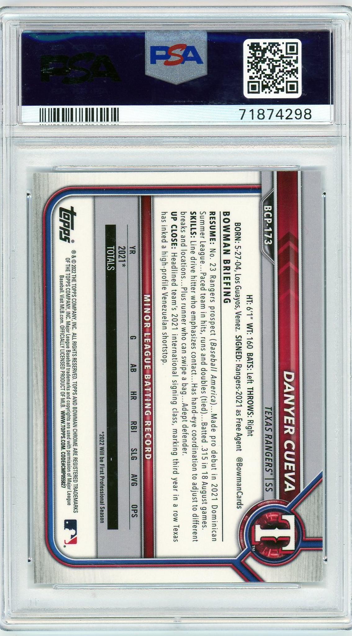 2022 Bowman Chrome Danyer Cueva B&W Mini Diamond Refractor PSA 10 RC